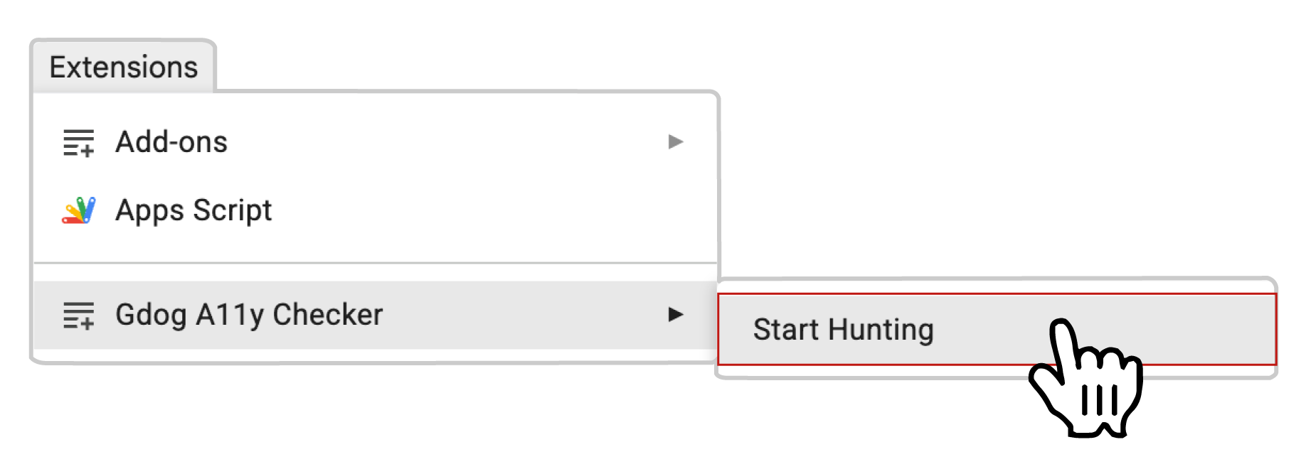 Screenshot showing Extensions menu > Gdog A11y Checker > Hunt