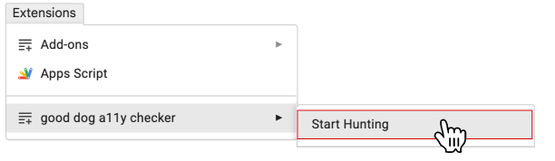 Screenshot showing Extensions menu with Start Hunting hightlighted and selected.